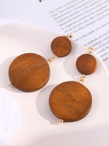 Wood Round Drop Earrings - Brown - View 1