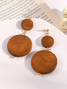 Wood Round Drop Earrings - Brown - View 2