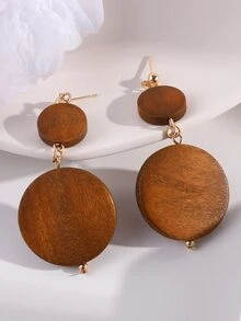 Wood Round Drop Earrings - Brown - View 3