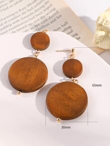 Wood Round Drop Earrings - Brown - View 4