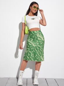 SHEIN EZwear 大理石印花裙 - 綠色 - 查看 4