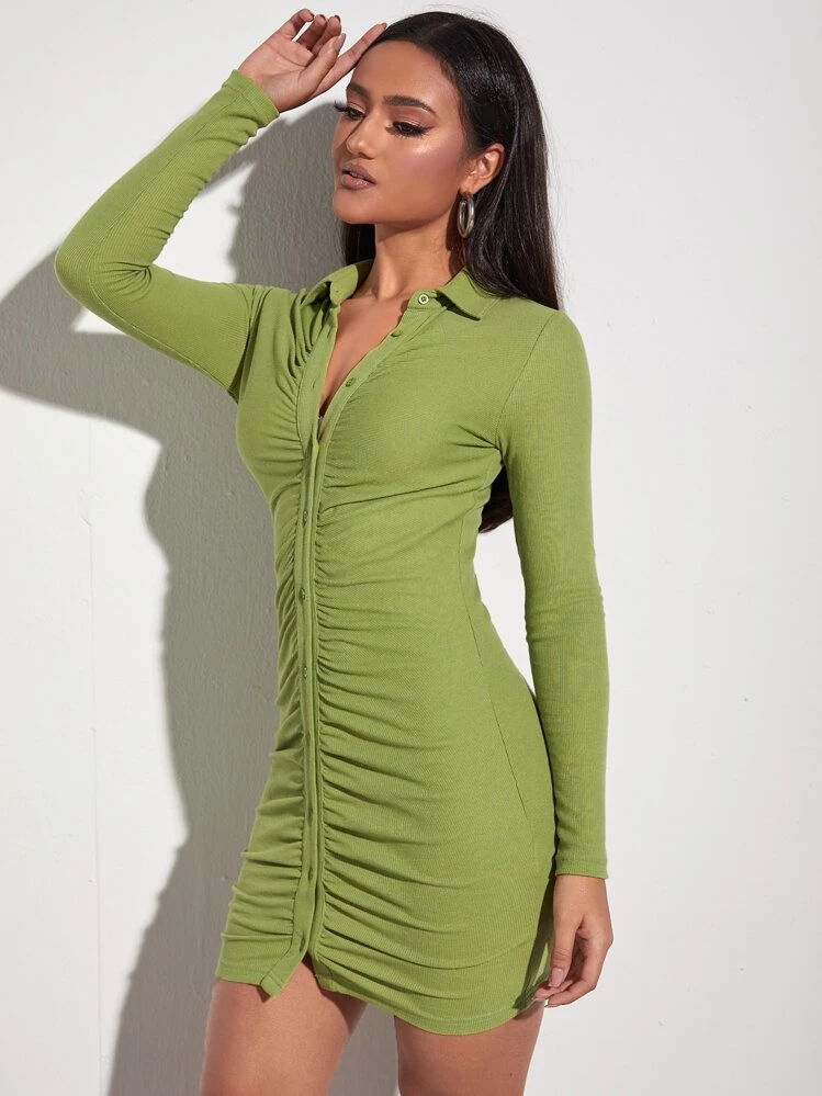 ruched button through bodycon dress Chocolate Ruched Button Front Midi Bodycon Dress