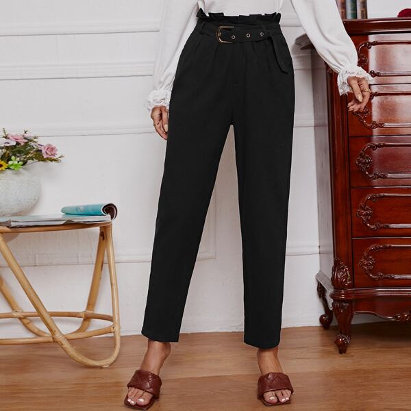 

Paper Bag Waist Grommet Belt Carrot Pants, Black
