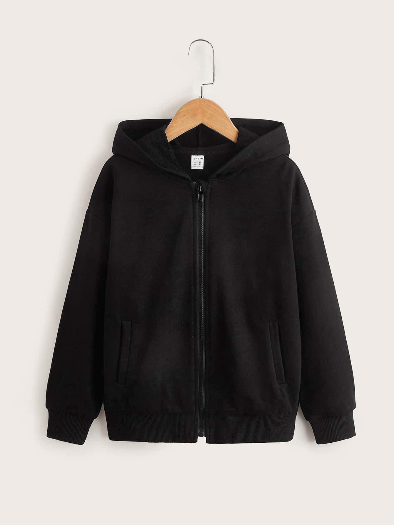 SHEIN Tween Girl Zip Up Drop Shoulder Sweatshirt - Black - View 1