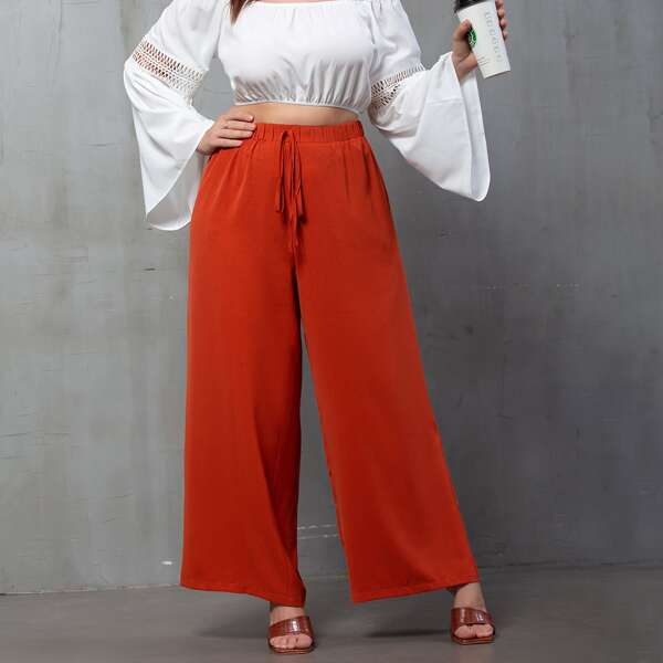 

Plus Tie Front Wide Leg Pants, Burnt orange