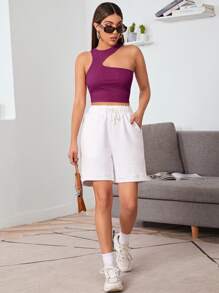 SHEIN Essnce Asymmetrical Shoulder Crop Top - Purple - View 5