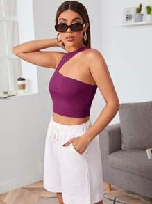 SHEIN Essnce Asymmetrical Shoulder Crop Top - Purple - View 6