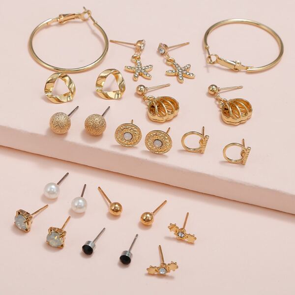 

12pairs Girls Faux Pearl Decor Earrings, Gold