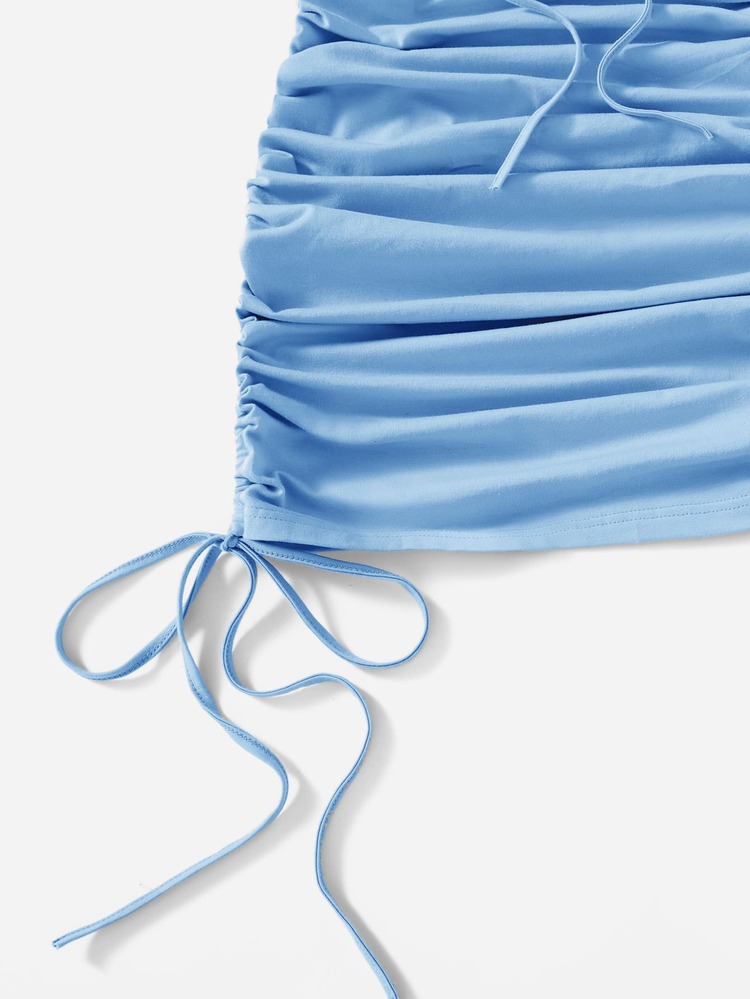 SHEIN EZwear Drawstring Knot Ruched Cut Out Dress - Baby Blue - View 4