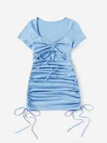 SHEIN EZwear Vestido con abertura con fruncido con nudo de cordón - Celeste - Ver 5