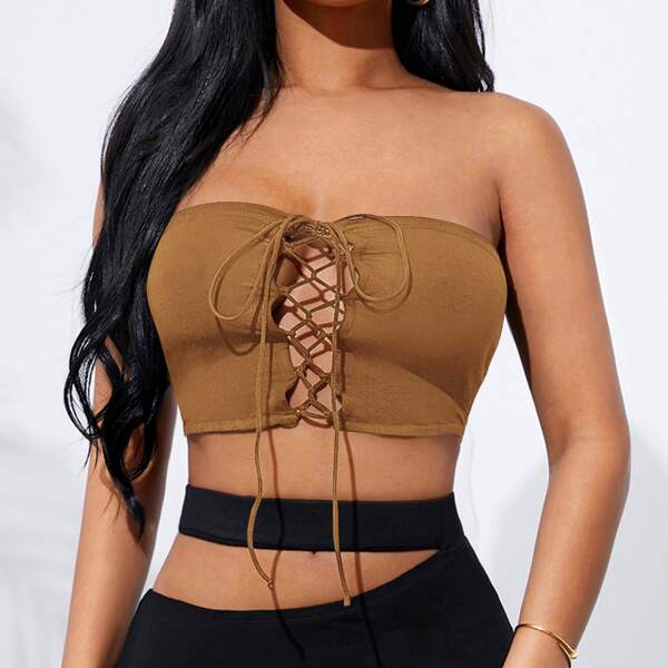 

Lace Up Crop Tube Top, Brown