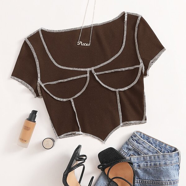 

Contrast Stitch Bustier Tee, Chocolate brown
