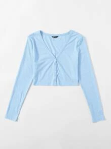 SHEIN BASICS Button Up Solid Crop Top - Baby Blue - View 1