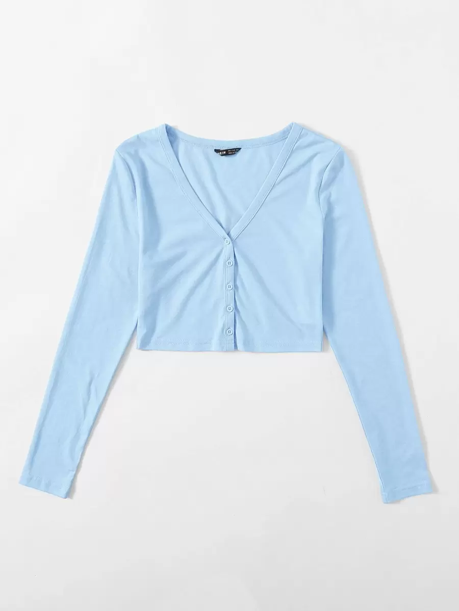 SHEIN BASICS Button Up Solid Crop Top - Baby Blue - View 1