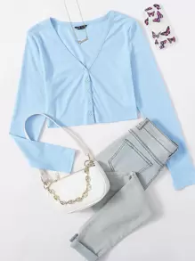 SHEIN BASICS Button Up Solid Crop Top - Baby Blue - View 5