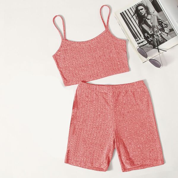 

Rib-knit Marled Crop Cami Top & Biker Shorts Set, Coral pink