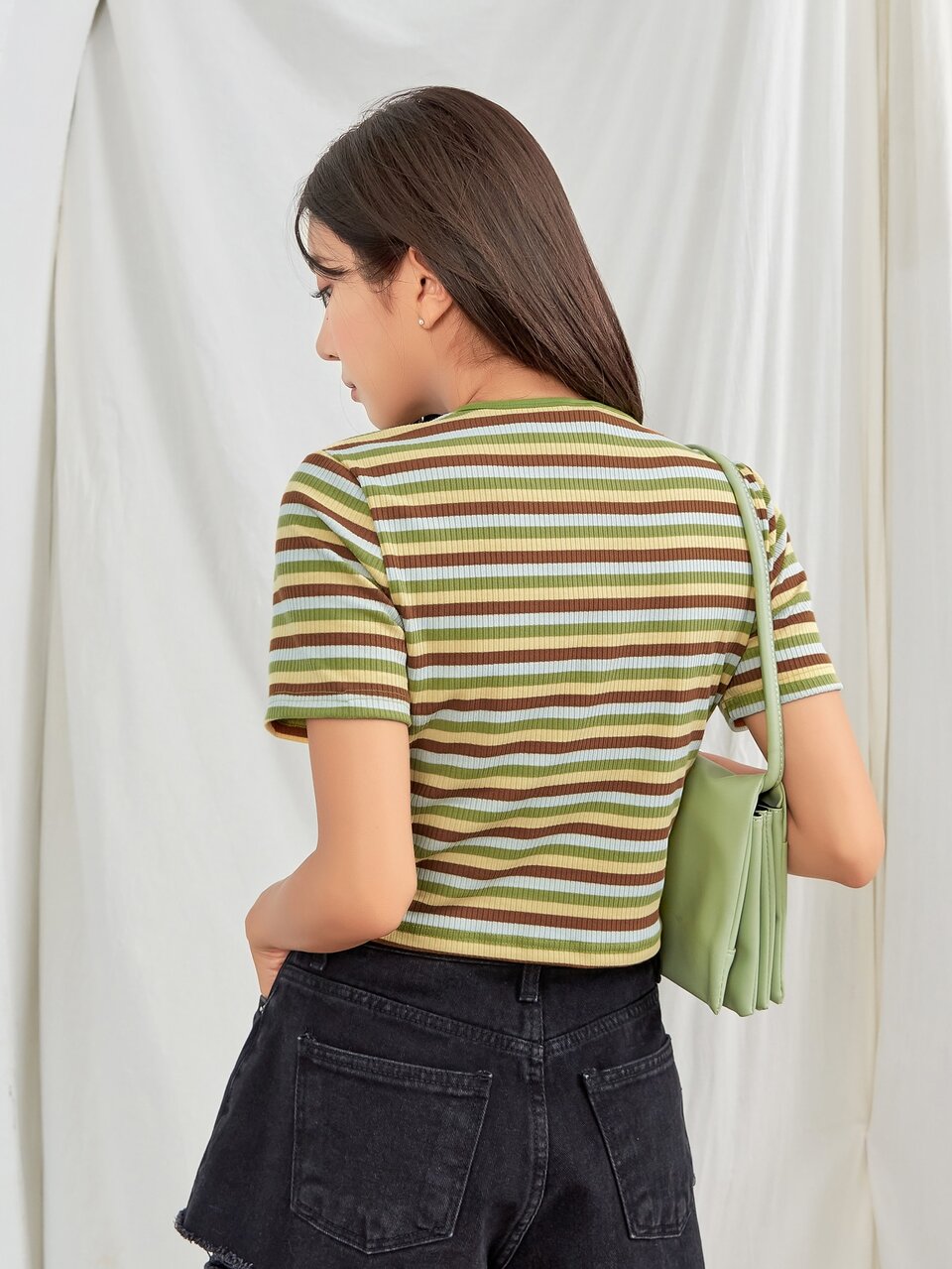 Striped Zipper Up V Neck Crop Top