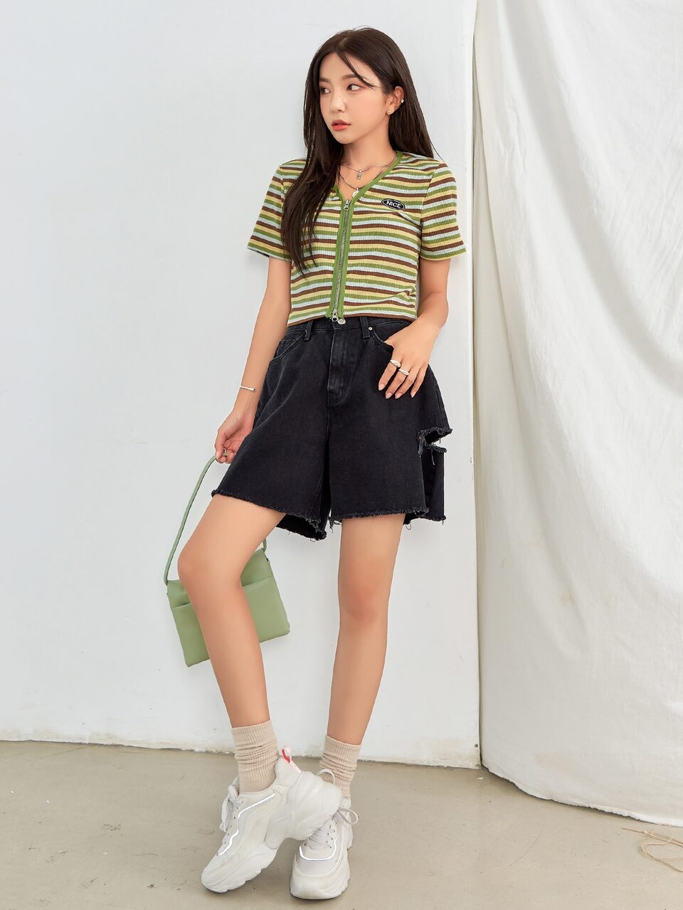 Striped Zipper Up V Neck Crop Top