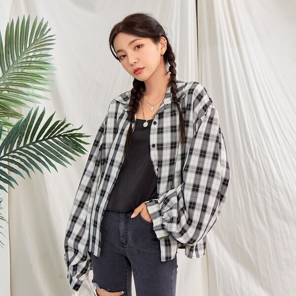 

Plaid Drop Shoulder Button Up Blouse, Black and white