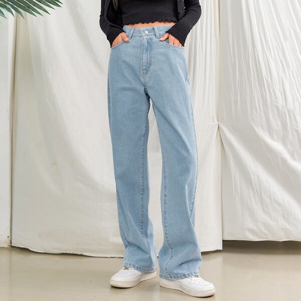 

Butterfly Print Back Straight Leg Washed Jeans, Light wash
