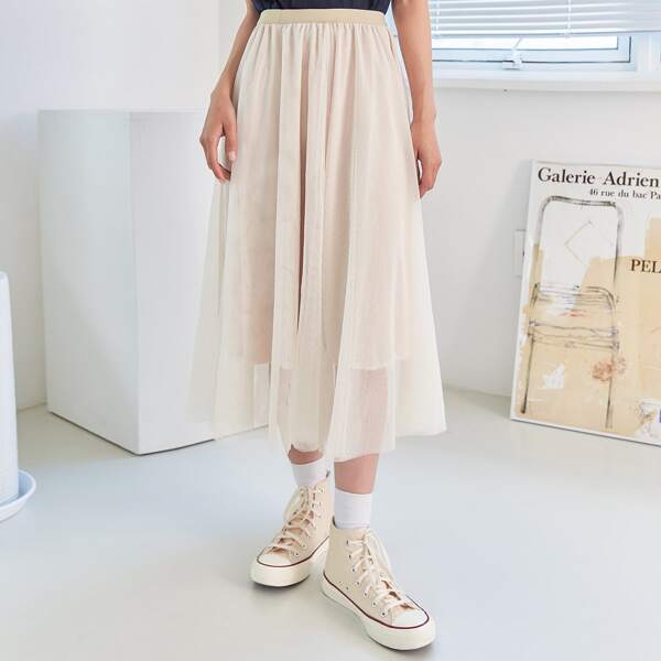 

Elastic Waist Flared Skirt, Beige