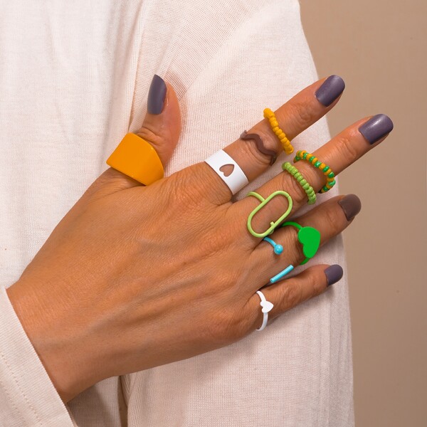 

10pcs Heart Decor Ring, Multicolor