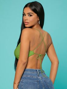 SHEIN Top de tirantes con tira cruzada de espalda abierta con cordón pecho con fruncido - Verde - Ver 2