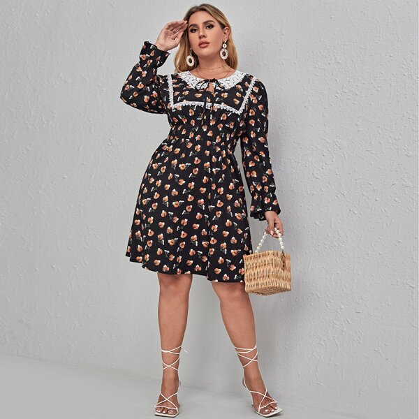 

Plus Bee Print Contrast Guipure Lace Flounce Sleeve Tie Neck Dress, Multicolor