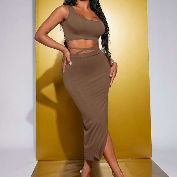

One Shoulder Crop Top & Criss Cross Tie Back Asymmetrical Hem Skirt, Mocha brown
