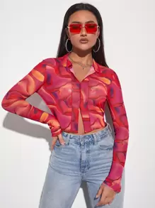 SHEIN BAE Marble Print Top-stitching Crop Mesh Top - Multicolor - View 5