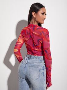 SHEIN BAE Marble Print Top-stitching Crop Mesh Top - Multicolor - View 2