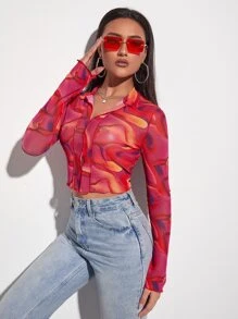 SHEIN BAE Marble Print Top-stitching Crop Mesh Top - Multicolor - View 3