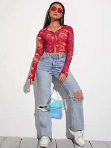 SHEIN BAE Marble Print Top-stitching Crop Mesh Top - Multicolor - View 4