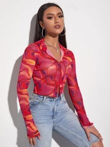 SHEIN BAE Marble Print Top-stitching Crop Mesh Top - Multicolor - View 6