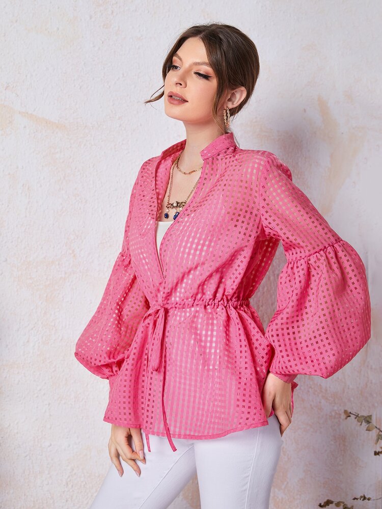 SHEIN Unity 燈籠袖繫帶大衣 - 玫紅色 - 查看 5