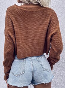 V Neck Waffle Knit Crop Jumper - Brown - View 2