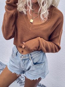 V Neck Waffle Knit Crop Jumper - Brown - View 6