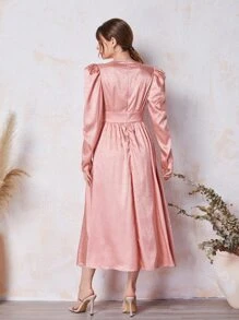 Modelyn V領泡泡袖提花洋裝 - 淺粉色 - 查看 2