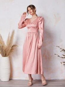 Modelyn V領泡泡袖提花洋裝 - 淺粉色 - 查看 3