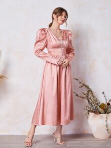 Modelyn V領泡泡袖提花洋裝 - 淺粉色 - 查看 4