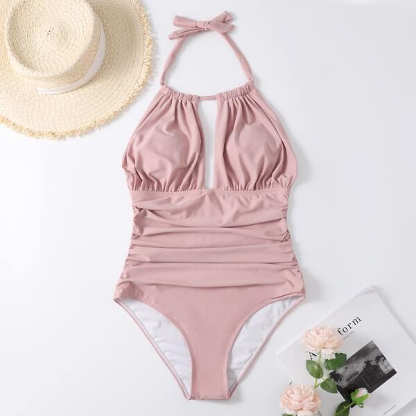 

Ruched Halter One Piece Swimsuit, Dusty pink