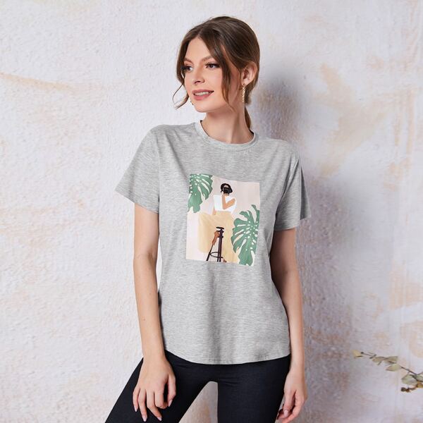 

Figure & Leaves Print Tee, Light grey