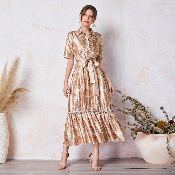 

Allover Floral Print Belted Shirt Dress, Multicolor