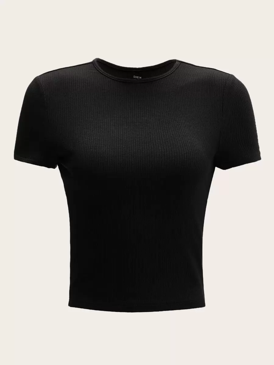 SHEIN EZwear Camiseta De Verano Con Tejido Sólido De Punto Acanalado En La Espalda - Negro - Ver 1