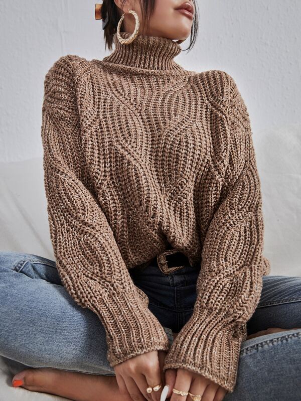 SHEIN Essnce High Neck Drop Shoulder Marled Sweater,Long Sleeve Tops In Fall/Winter
