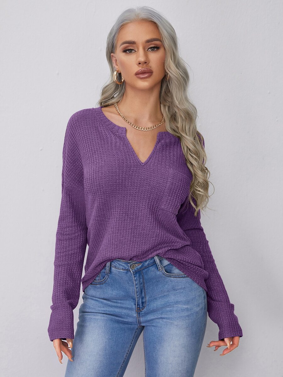 SHEIN LUNE Notched Neck Pocket Front Waffle Knit Top - Violet Purple - View 1