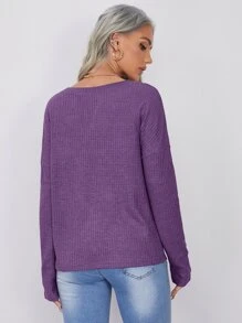 SHEIN LUNE Notched Neck Pocket Front Waffle Knit Top - Violet Purple - View 2