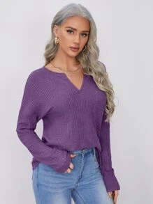 SHEIN LUNE Notched Neck Pocket Front Waffle Knit Top - Violet Purple - View 3