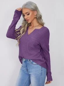 SHEIN LUNE Notched Neck Pocket Front Waffle Knit Top - Violet Purple - View 4