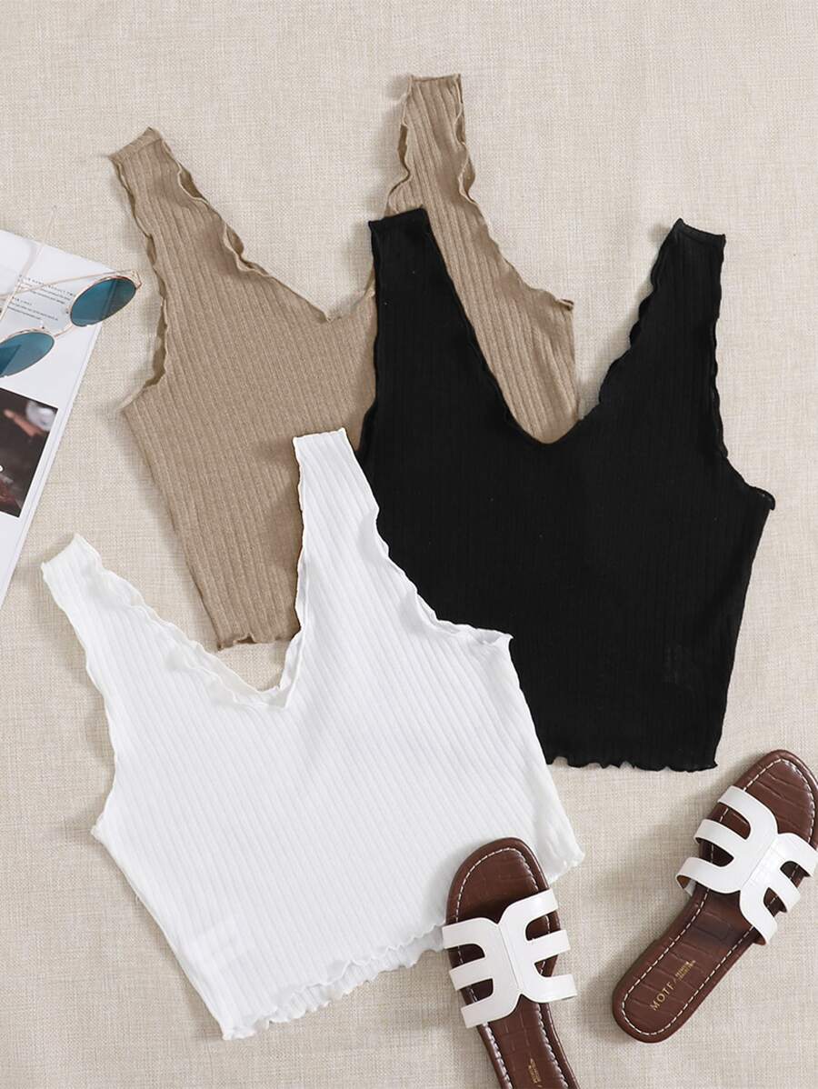 SHEIN EZwear 3pcs Lettuce Trim Rib-knit Tank Top - Multicolor - View 1